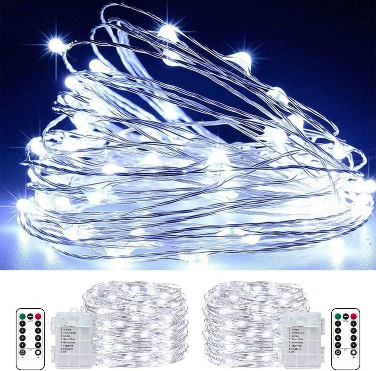 LED Fairy String Lights, 2-Pack 33ft 100 LED Battery Operated Twinkle Firefly String Lights – Cool White, Remote Control, 8 Lighting Modes, Waterproof for Indoor & Outdoor Christmas, Patio, Party Decor (	Cool White 33FT Fairy Lights-2Pack)